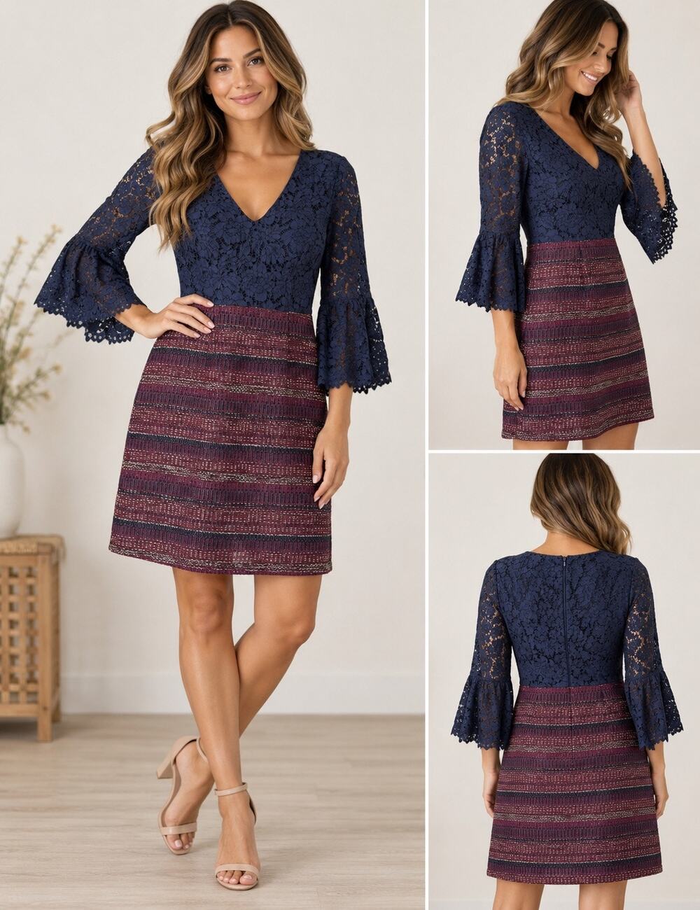Nanette Lepore Blue Lace Tweed Dress Size 4 Long Flare Sleeves Lined